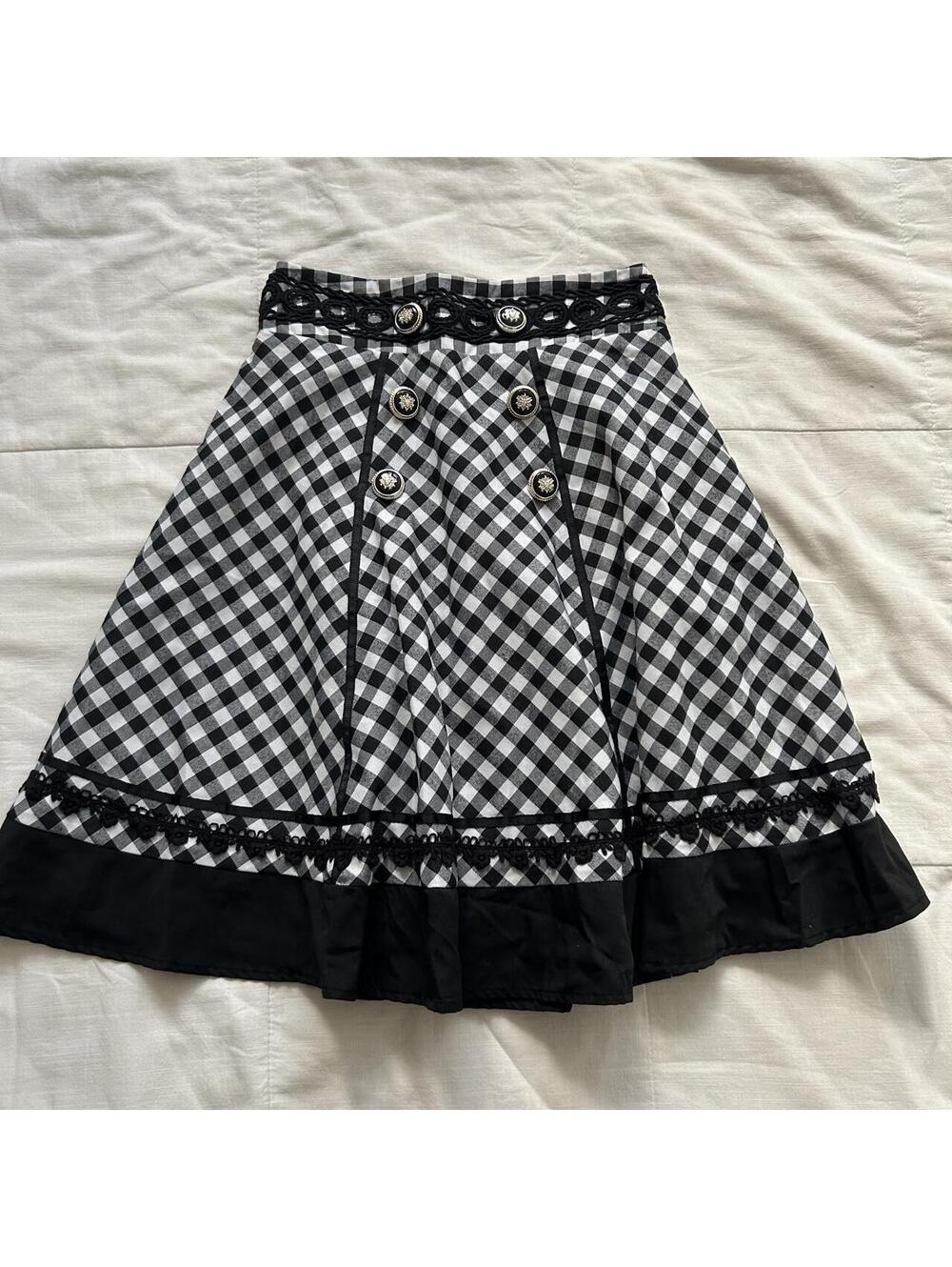 Axes Femme Navy White Gingham Nautical Button Lace Midi Skirt M Japan